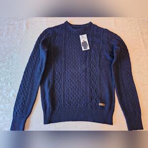 Men's Med 100% Cotton Buffalo David Bitton Navy Cable Knit Crewneck Sweater NWT